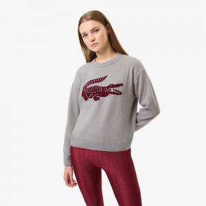 Women's Lacoste Lacoste x Bandier Contrast Crocodile Sweater Grey Chine Bordeaux | CIF189073