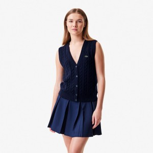 Women's Lacoste Lacoste x Bandier Sleeveless Cashmere Cardigan Navy Blue | PRU894275