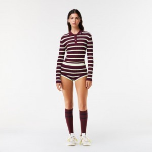 Women's Lacoste Lacoste x EleVen by Venus Striped Ribbed Lounge Shorts Bordeaux White | CXS408791