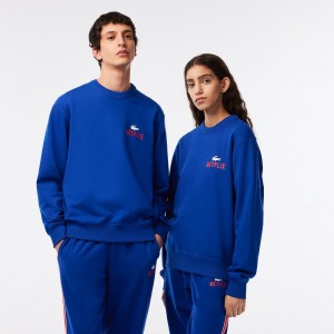 Women's Lacoste Lacoste x Netflix Crew Neck Print Back Sweatshirt Gentian blue | YXZ741953