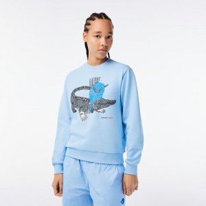 Women's Lacoste Lacoste x Netflix Loose Fit Organic Cotton Fleece Sweatshirt Pastel blue | VLE854732