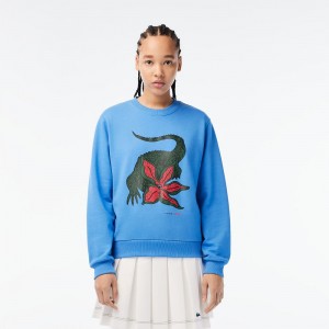 Women's Lacoste Lacoste x Netflix Loose Fit Organic Cotton Fleece Sweatshirt Ethereal blue | QEC462073