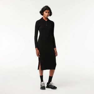 Women's Lacoste Long Seamless Knit Ribbed Polo Dress Black | KEW478039