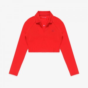 Women's Lacoste Long Sleeve Cropped Shirt Polo Shirts Red | QOF567243