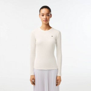 Women's Lacoste Long Sleeve Ribbed Cotton T-Shirt White | FTX516024