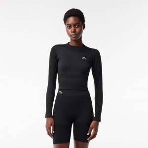 Women's Lacoste Long Sleeve Seamless Sport Crop Top T-Shirt Black | PWY931264