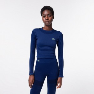 Women's Lacoste Long Sleeve Seamless Sport Crop Top T-Shirt Methylene blue | KQA128650