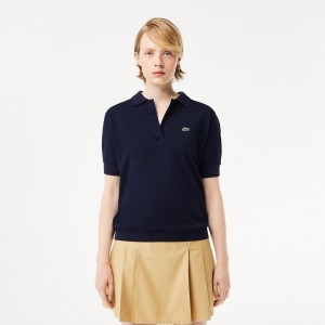 Women's Lacoste Loose Fit Flowy Piqué Polo Shirts Navy Blue | ELZ915724