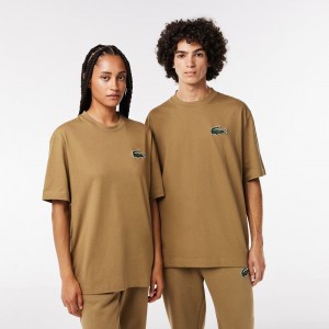 Women's Lacoste Loose Fit Large Croc Organic Heavy Cotton T-Shirt Brown | ERI920356