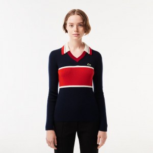 Women's Lacoste Made in France Contrast Polo Neck Sweater Navy Blue Orange White | RSJ129564