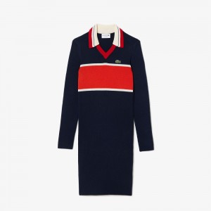 Women's Lacoste Made in France Contrast Polo Dress Navy Blue Orange White | IHG769253