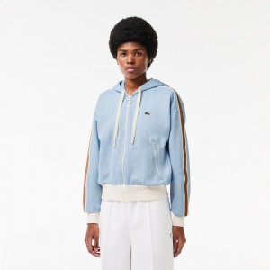 Women's Lacoste Monogram Jacquard Zip-Up Hoodie Light Blue White | ZIK153469