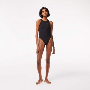 Women's Lacoste One-Piece Recycled Polyamide Swimsuit Black | NVG594178