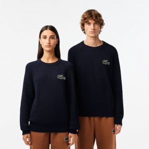 Women's Lacoste Organic Cotton Crew Neck Sweater Navy Blue | XAB075428