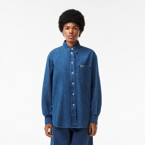 Women's Lacoste Oversized Cotton Denim Shirt Blue Chine | QTJ094231