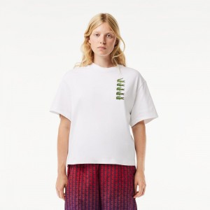 Women's Lacoste Oversized Iconic Croc Print Cotton T-Shirt White | OXL624031