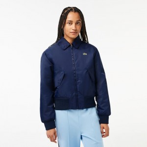 Women's Lacoste Oversized Logo Back Nylon Bomber Jackets Navy Blue | FCP132645