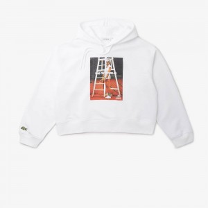 Women's Lacoste Oversized Printed Fleece Hoodie White | WQT401875