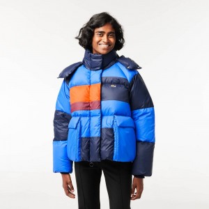 Women's Lacoste Oversized Removable Hood Puffer Jackets Navy Blue Blue Orange Bordeaux | BLG389604