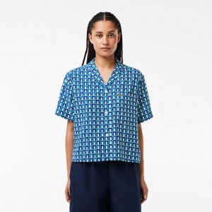 Women's Lacoste Oversized Short Sleeve Patterned Shirt White Blue Green | WNI132687