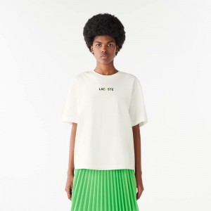 Women's Lacoste Oversized Tennis Ball Print Jersey T-Shirt White | BDF189473