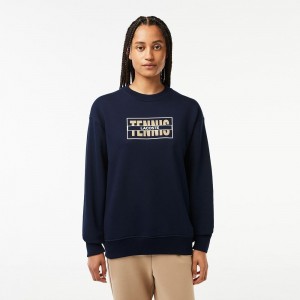 Women's Lacoste Oversized Tennis Print Fleece Jogger Sweatshirt Navy Blue | XIT350421