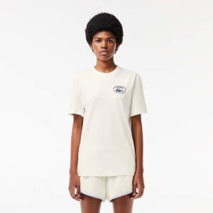 Women's Lacoste Regular Fit Signature Print T-Shirt White | IFW617480