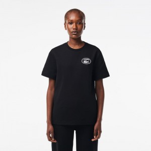 Women's Lacoste Regular Fit Signature Print T-Shirt Black | TEV170659