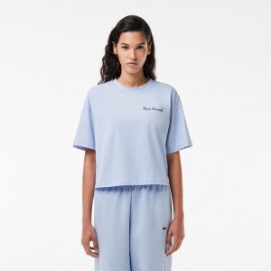 Women's Lacoste Relaxed Fit Text Print T-Shirt Phoenix blue | GSZ730849