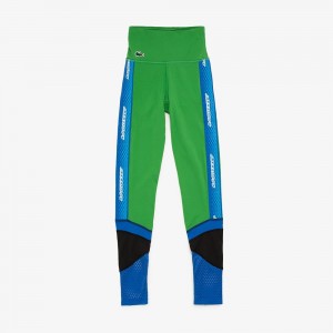 Women's Lacoste SPORT Logo Stripe Ultra-Dry Leggings Green Blue Black | HPZ793462