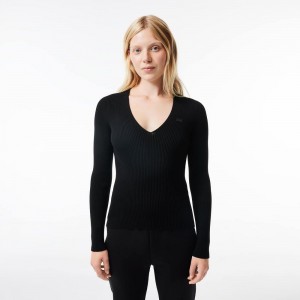 Women's Lacoste Seamless Ribbed V-Neck Sweater Black | QDK146537