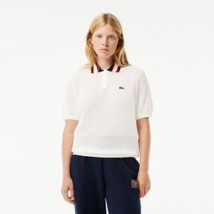 Women's Lacoste Short Sleeve Polo Neck Cotton Sweater White Navy Blue Red | PTX503642