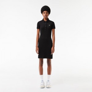 Women's Lacoste Short Sleeved Slim Fit Ribbed Cotton Dress Black | HAX487560