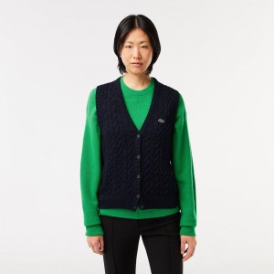 Women's Lacoste Sleeveless Cable Knit Cotton & Wool Blend Vest Sweater Navy Blue | STG615073