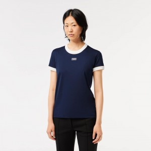 Women's Lacoste Slim Fit Cotton Tennis T-Shirt Navy Blue White | AJK961382