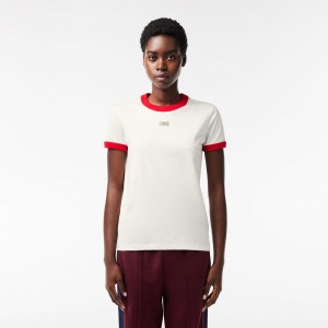 Women's Lacoste Slim Fit Cotton Tennis T-Shirt White Red | YDW587096