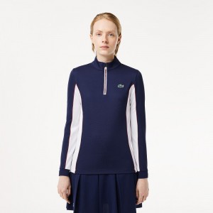 Women's Lacoste Slim Fit Quarter-Zip Sweatshirt Navy Blue White | JAZ547910