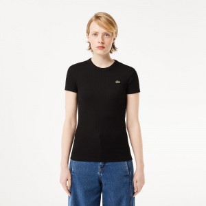 Women's Lacoste Slim Fit Ribbed Cotton T-Shirt Black | VUB649071