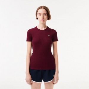 Women's Lacoste Slim Fit Ribbed Cotton T-Shirt Bordeaux | MUR415608