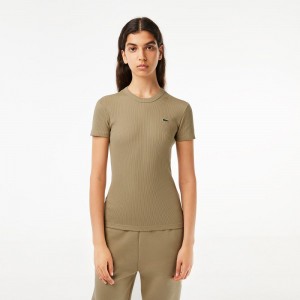 Women's Lacoste Slim Fit Ribbed Cotton T-Shirt Beige | GSB637814