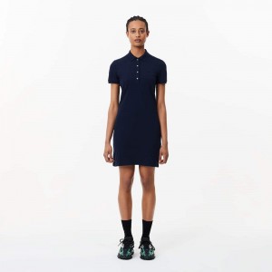 Women's Lacoste Slim Fit Stretch Cotton Piqué Polo Dress Navy Blue | FPD039256