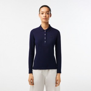 Women's Lacoste Slim Fit Stretch Piqué Polo Shirts Navy Blue | AZX498765