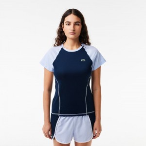 Women's Lacoste Slim Fit Ultra-Dry Sport Stretch T-Shirt Navy Blue Light Blue | NLQ846731