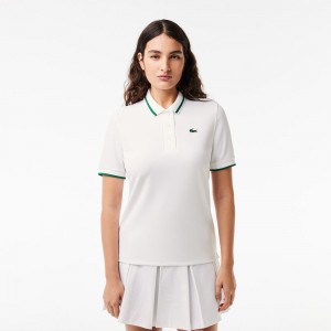 Women's Lacoste Sport Contrast Collar Piqué Polo Shirts White Green | JNV596027