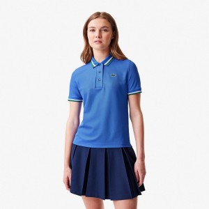 Women's Lacoste Sport Contrast Collar Piqué Polo Shirts Blue Green | LND580416