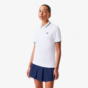 Women's Lacoste Sport Contrast Collar Piqué Polo Shirts White Green | JIA953841