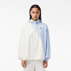 Women's Lacoste Stowable Hood Oversized Colorblock Track Jackets White Light Blue | DMX192360