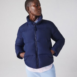 Women's Lacoste Stowable Hood Puffer Jackets Navy Blue | POD648093