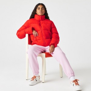 Women's Lacoste Stowable Hood Puffer Jackets Red currant | OXF531986