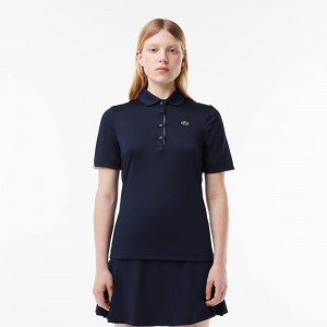 Women's Lacoste Stretch Jersey Golf Polo Shirts Navy Blue White | PRG078421